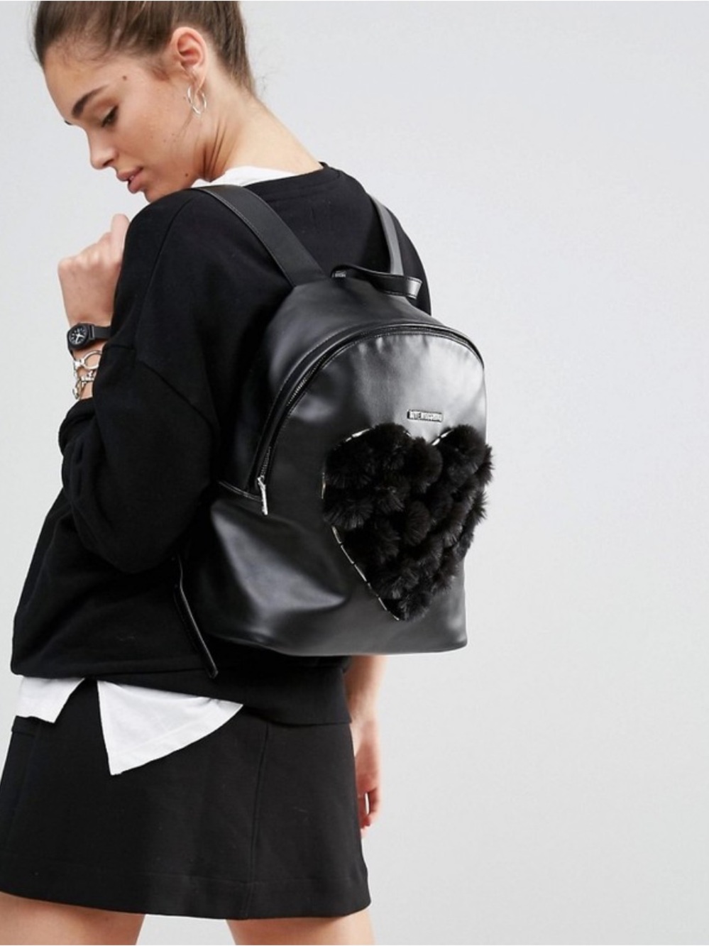 Love Moschino Black Fuzzy Fur Heart Backpack in Faux Leather